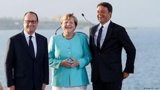 Takim plot me elemente simbolike të Merkel, Hollande e Renzi
