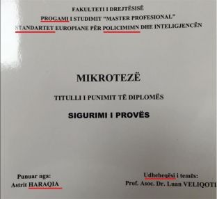  Gabimet e Astrit Haraqisë në faqen e parë të diplomës së masterit 